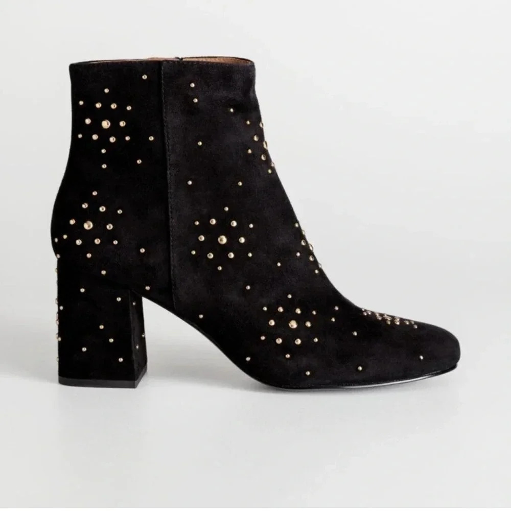 & Other Stories Dome Studded Suede Block Heel Ankle Booties Size 10.5 Side Zip